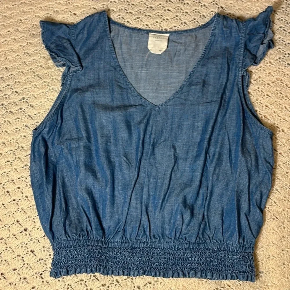 Harper Heritage Boutique Denim Ruffle Cap Sleeve Top size large - Picture 1 of 7